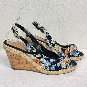 Seychelles Black Floral Cork Wedge Sling-back Sandals 7.5